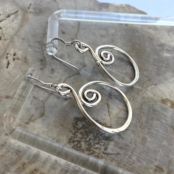 Artisan Sterling Silver 925 1.88" Hammered Spiral Wire Dangle Drop Earrings - Picture 4 of 16